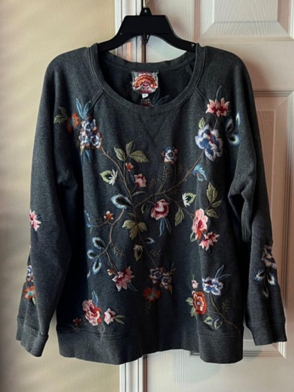 Johnny Was Gray Top with Pink and Yellow Embroidery